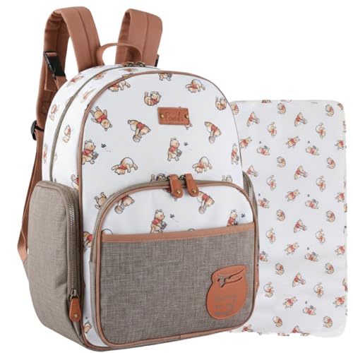 Disney Winnie the Pooh Baby Multi-Functional Diaper Bag Backpack with Changing Pad, Stroller Attachment and Insulated Bottle Holder Pockets