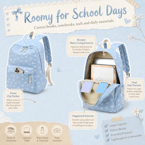 LEDAOU Backpack for Teen Girls Lightweight Kids Bookbag for Elementary Middle High School College Women Laptop Casual Daypack (Bow-Blue) - color: Bow-blue