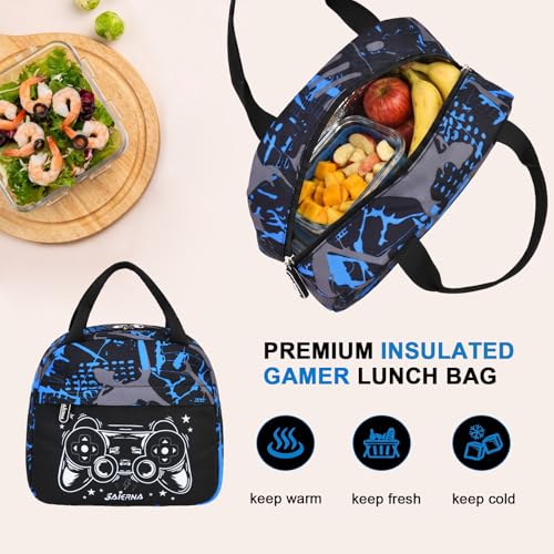 3PCS Kids Backpack Set, School Backpack with Lunch Bag & Pencil Case, Lightweight Waterproof Bookbag for Kids (Gamer Black Blue) - color: Gamer Black Blue