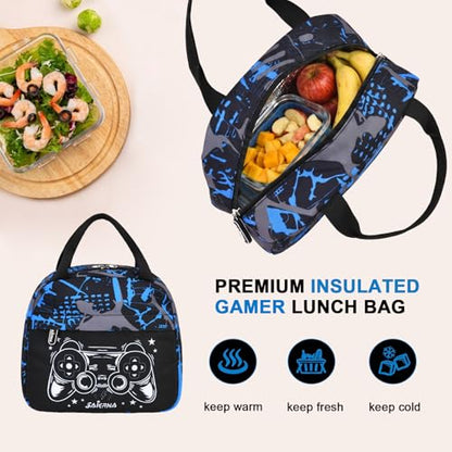 3PCS Kids Backpack Set, School Backpack with Lunch Bag & Pencil Case, Lightweight Waterproof Bookbag for Kids (Gamer Black Blue) - color: Gamer Black Blue