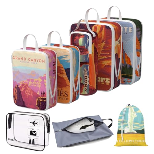 Compression Packing Cubes for Travel, 8 Set National Park Luggage Organizers, Waterproof Expandable/Compression Bags Travel Packing Cubes with Clear Toiletry Bag and Shoe Bag - color: National Park, size: Set of 8