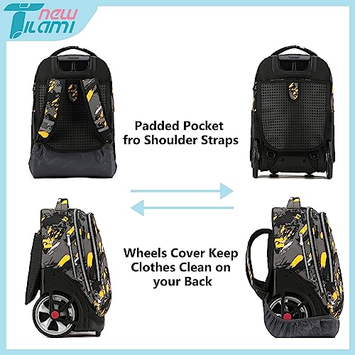 NEW TILAMI 19 inch Rolling Backpack Teens Rolling Backpack Cute Wheeled Laptop Backpack Bookbag Roller Travel Bag College, Yellow Doodle - color: Yellow Doodle