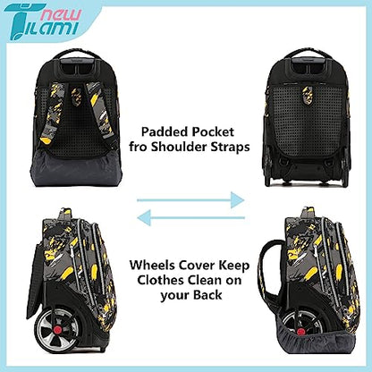 NEW TILAMI 19 Inch Rolling Backpack with Lunch Bag for Girls Boys Wheeled Laptop Backpack Durable Carry-on Bag School Travel, Doodle Yellow - color: Yellow Doodle