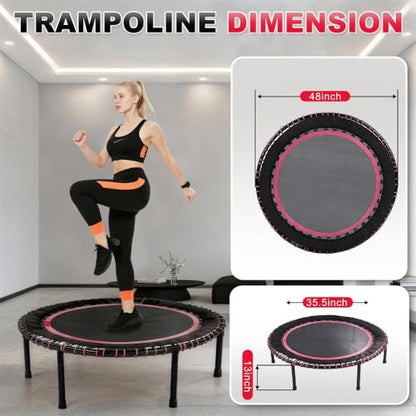 Springless Mini Fitness Trampoline for Low-Impact Cardio Workouts, Indoor Outdoor Rebounder with Quiet Bungee System and Stable Frame
