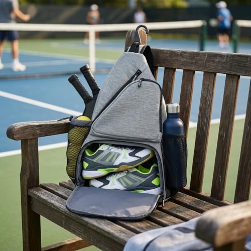 Pickleball Sling Bag with Shoe Compartment - Crossbody Backpack Fits 2 Paddles, 32oz Bottle & Fence Hook, Sports Bag for Men & Women (Shoe Limit: up to US Men's 10 / Women's 11.5) - color: Heather Gray