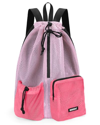 WANDF Swim Bag for Swimmers, Mesh Beach Backpack - color: Light Pink With 2 Front Pockets, size: Large