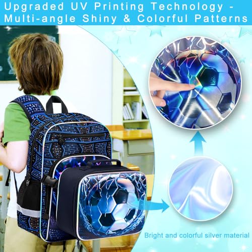 HPJGD 3PCS Backpack for Kids, 17" Boys Soccer Preschool Bookbag Set with Clip-On Lunch Box, Water-Resistant School Bag for Elementary - Thrash Net Soccer - color: Uv Printing Net Soccer Clip-on Backpack