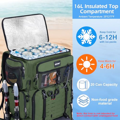 Goture Fishing Backpack with Cooler,72L Large 600D Tackle Backpack with Rod Holders,Dry & Wet Split Compartment,Adjustable Main Compartment,Rain Cover,Insulated Tactical Bag for Travel Camping Hiking - color: A1:Green(Only Bag,Without Tackle Box)
