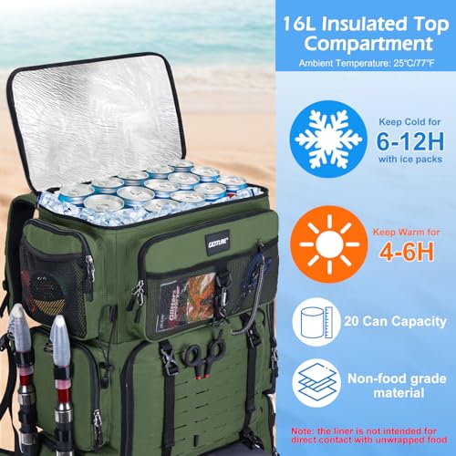 Goture Fishing Backpack with Cooler, 72L 600D Tackle Backpack Included 4 3700 Tackle Boxes, Dry & Wet Split Compartment, Large Fishing Tackle Bag with Rod Holders,Rain Cover for Travel Camping Hiking - color: A2:Green with 4 3700 Tackle Boxes