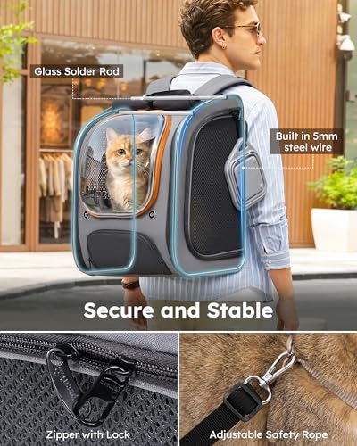 Pecute Cat Backpack Carrier,Large Space Cat Bubble Backpack,Ergonomic,Gray | Color Blocking,Sunshade curtain,Folding bowl,Transparent window,Sturdy,Large mesh on both sides for breathability - color: Gray-on-Gray Color Blocking