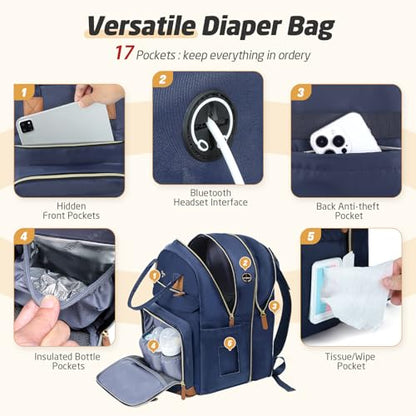 Diaper Bag Backpack - Extra Large Diaper Bag for 2 Kids Twin, Travel Baby Bags for Mom Dad 25-37L Expandable with Changing Pad Earphone Hole, Solid Blue - color: Solid Blue