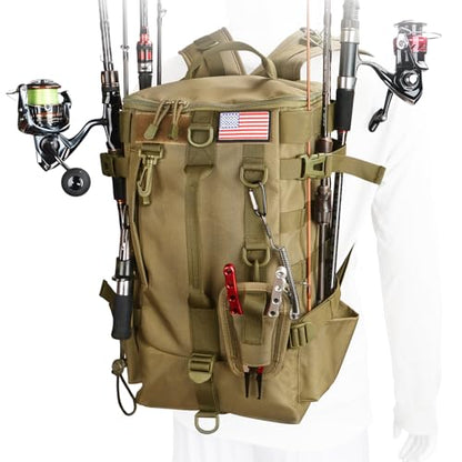 Fishing Tackle Backpack with Rod Holders – Large-Capacity Gear Organizer Tackle Box Storage, Rod Carrier Bag for Outdoor Angling Equipment