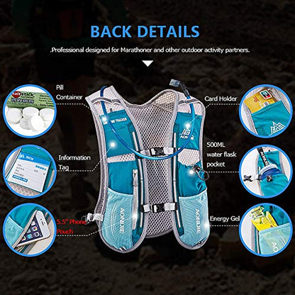 AONIJIE Hydration Vest Pack Backpack 5L 5.5L Marathoner Running Vest Race Hydration for Women and Men Trail Run Hiking Jogging - color: Mint Green and No Water Bladder
