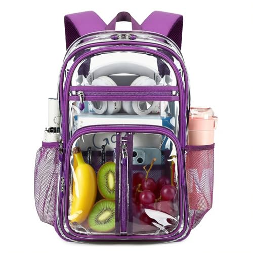 Cusangel Large Clear backpack for Girls,16in See Through Heavy Duty Bookbag | Big Capacity Transparent bulk Plastic Bag For Stadiums,School,Warehouses,Concert venues Airport security checkpoints(Purple) - color: Purple-16.5in