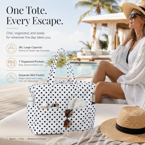 LEDAOU Beach Bag Waterproof Sandproof Women Beach Tote Pool Bag with Zipper for Swim Gym Grocery Travel with Wet Pocket | Sandproof - color: White Polka Dots