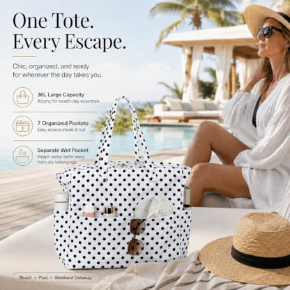 LEDAOU Beach Bag Waterproof Sandproof Women Beach Tote Pool Bag with Zipper for Swim Gym Grocery Travel with Wet Pocket | Sandproof - color: White Polka Dots