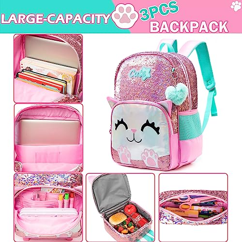 Meetbelify Cute Backpack for Girls Pink Cat School Backpacks Kids Sequin Bookbag for Elementary Kindergarten Students with Lunch Box Pencil Case for Girls 5-12 Years Old - color: Sequin Cat Pink