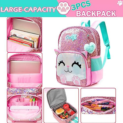 Meetbelify Cute Backpack for Girls Pink Cat School Backpacks Kids Sequin Bookbag for Elementary Kindergarten Students with Lunch Box Pencil Case for Girls 5-12 Years Old - color: Sequin Cat Pink