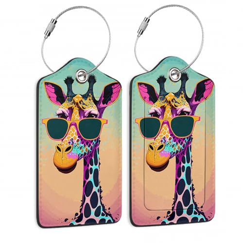 Luggage Tags for Suitcase,2 Pack Funny Giraffe Sunglasses Luggage Tag PU Leather Privacy Cover ID Label with Stainless Steel Loop for Women Men Teens Travel - color: Funny Giraffe Sunglasses