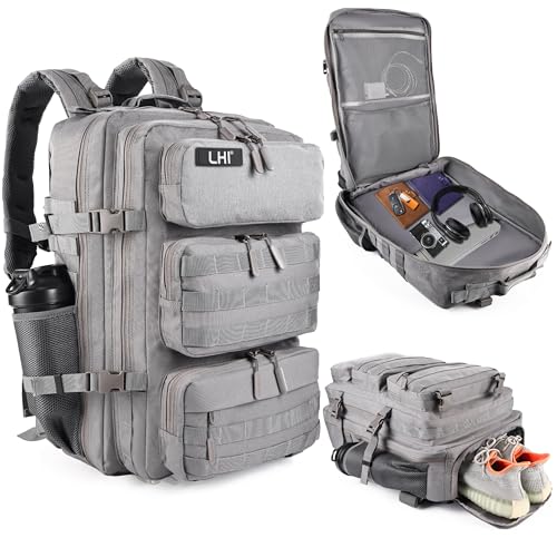 LHI Tactical Military Backpack for Men and Women 25L/35L Army Assault Pack Bag Small Rucksack with Bottle Holder - color: 50l-shoe Compartment(grey), size: Large