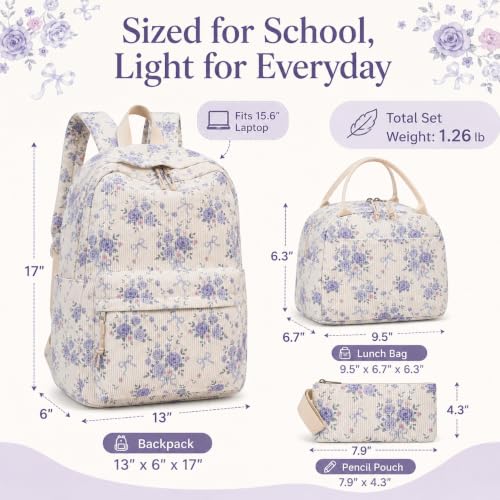 BTOOP School Backpacks for Teen Girls Bookbags Lightweight Kids Backpack School Bags Set with Lunch Box Pencil Case - color: Purple Flroal Bow