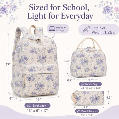 BTOOP School Backpacks for Teen Girls Bookbags Lightweight Kids Backpack School Bags Set with Lunch Box Pencil Case - color: Purple Flroal Bow