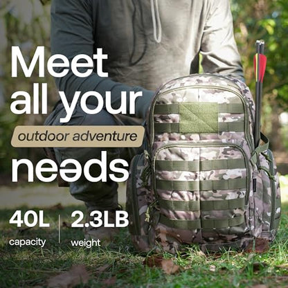 RIVER ROAD Huntex 40L Tactical Backpack for Men & Women in Green Camo - Military Style Hunting Hiking & Travel Combat Backpack - Outdoor Tactical Backpacks Sport Mochila Tactica - color: Green Camo