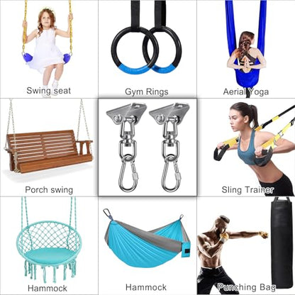 SELEWARE Swing Hangers Stainless Steel Swing Hooks Swivel Swing Mount Hardware w/Carabiners for Porch Swing Sets Hammock Chair Heavy Bag Yoga Silk Suspension Straps 1000 LB Capacity Each 2 Pack - color: Silver-360° Swing Hanger With Carabiners (2 Pack)