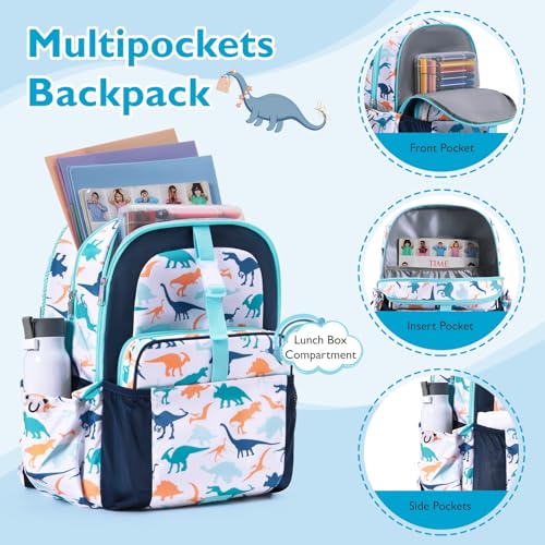 mommore Kids Backpack for Boys Girls 4-8 Kindergarten Elementary School Backpack with Lunch Box - 15” H Fit Folder - color: Blue Dinosaur, style: 2 Pcs