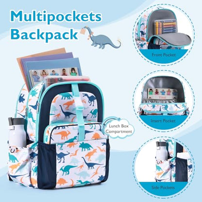 mommore Kids Backpack for Boys Girls 4-8 Kindergarten Elementary School Backpack with Lunch Box - 15” H Fit Folder - color: Blue Dinosaur, style: 2 Pcs