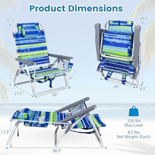 COSTWAY Portable Folding Backpack Beach Chairs Set of 2 with 5-Position Backrest, Padded Headrest, Cup Holder & Ice Bag for Lawn, Poolside (Blue Stripe) - color: Blue Stripe