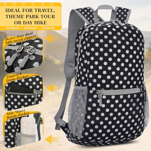 ZOMAKE Ultra Lightweight Hiking Backpack 20L, Packable Small Backpacks Water Resistant Daypack for Women Men(Black,White Polka Dot) - color: Black,white Polka Dot