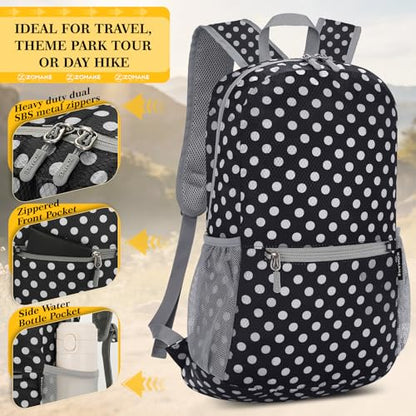 ZOMAKE Ultra Lightweight Hiking Backpack 20L, Packable Small Backpacks Water Resistant Daypack for Women Men(Black,White Polka Dot) - color: Black,white Polka Dot