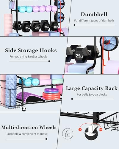 Mythinglogic Weight Rack for Dumbbells, Home Gym Storage for Yoga Mat Dumbbells Kettlebells and Strength Training Equipment, Dumbbell Rack with Wheels and Hanging Hooks - color: New Black