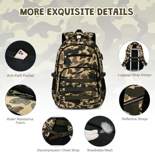 ACESAK Camo Backpack for Boys, Tactical Kids Backpack Boys, School Bags for Boy Children Teens Kids Elementary Middle High School, Military Bookbag and Lunch Bag Pencil Case Set with USB Charging Port - color: Green Brown