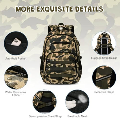 ACESAK Camo Backpack for Boys, Tactical Kids Backpack Boys, School Bags for Boy Children Teens Kids Elementary Middle High School, Military Bookbag and Lunch Bag Pencil Case Set with USB Charging Port - color: Green Brown