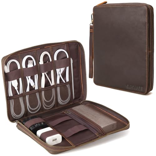 Polare Full Grain Leather Travel Cable Organizer Case Electronics Accessories Carry Bag with YKK Zippers Tech Storage Bag for Cables, Power Bank, USB, SD Card, Travel Essentials - color: Dark Brown