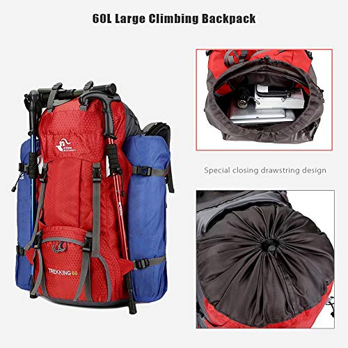 Bseash 60L Waterproof Hiking Camping Backpack with Rain Cover, Large Outdoor Sport Travel Daypack Rucksack for Climbing - color: Red