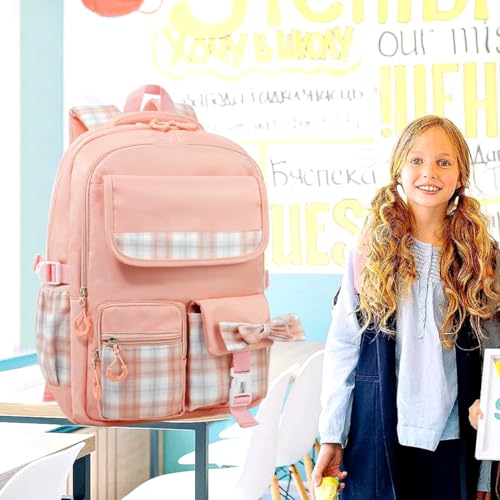 MCWTH Checkered Backpack for Teen Girls, Kawaii Cute Kids Elementary Student School Backpacks (Bow Pink) - color: Checkered Pink