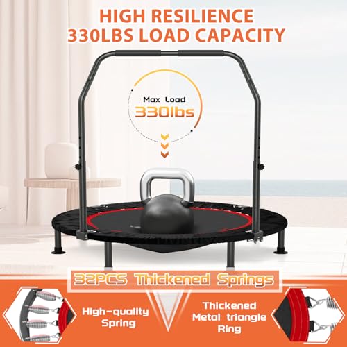 K KENSONE 40" Mini Flodable Spring Rebounder Trampoline for Adults, Small Exercise Trampoline for Indoor Workout and Fitness, Purple Resistance Band Included, Max Load 330 LBS - size: 40"(Gray Resistance Band), style: With Bar