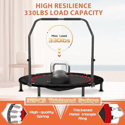 K KENSONE 40" Mini Flodable Spring Rebounder Trampoline for Adults, Small Exercise Trampoline for Indoor Workout and Fitness, Purple Resistance Band Included, Max Load 330 LBS - size: 40"(Purple Resistance Band), style: With Bar