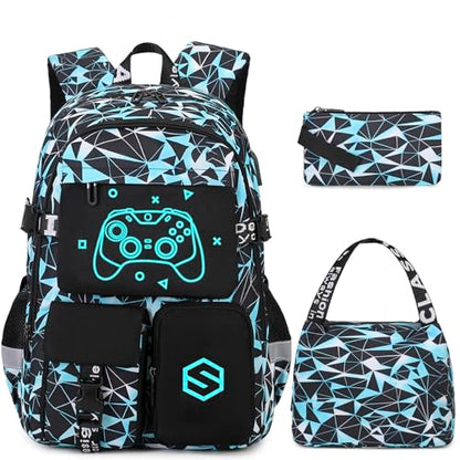 Scothen Boys Backpack, Cool Luminous School Backpack with Lunch Bag Pencil Case, Kids Backpack Kindergarten Elementary Middle School Book Bags for Teen Boys Children with USB Charging Port - color: Blue Graffiti