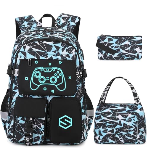 Scothen Boys Backpack, Cool Luminous School Backpack with Lunch Bag Pencil Case, Kids Backpack Kindergarten Elementary Middle School Book Bags for Teen Boys Children with USB Charging Port - color: Blue Graffiti