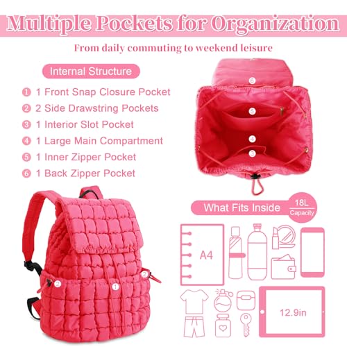 Quilted Puffer Backpack for Women, Lightweight Soft Nylon Quilted Hiker Pack Top Flap Drawstring Backpack, Trendy Puffy Padding Gym Travel Bag for Casual Daypack Hiking Sport (Rose Red) - color: Rose Red