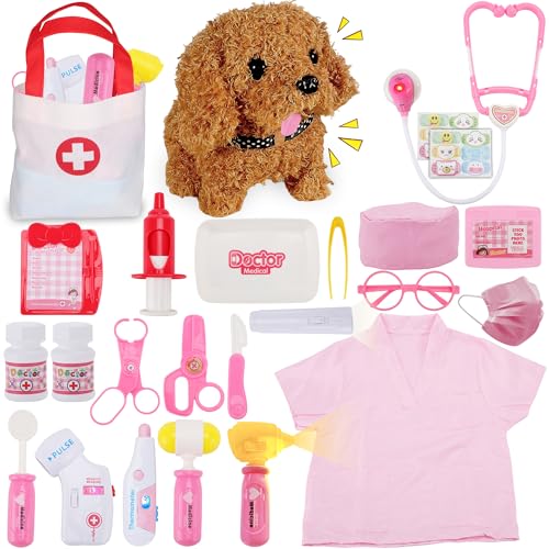 Toy Doctor Kit for Girls - TEUVO Pretend Play Doctor Set with Dog Toy, Carrying Bag, Stethoscope, Dress Up Costume - Toys Doctor Play Birthday Gift for Kids Toddlers 2 3 4 5 6 7 Year Old for Role Play - color: Pink
