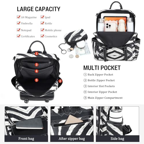 AGLOD Backpack Purse for Women PU Leather Back Packs Designer Ladies Shoulder Bag Fashion Faux Work Travel Handbags - color: Black Zebra