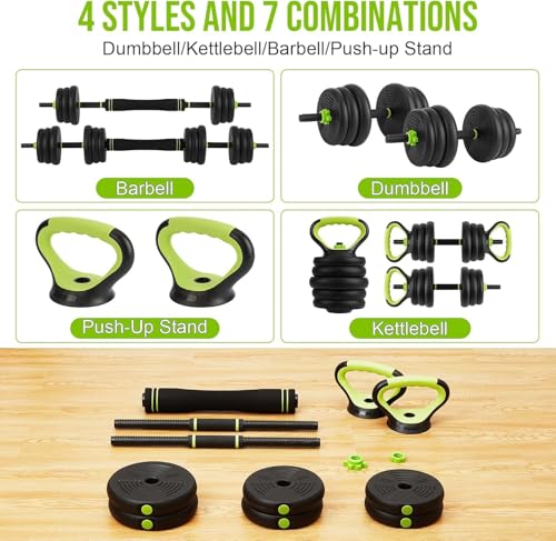 44Lbs Adjustable 4-In-1 Dumbbell Set, Sand Filled PE Dumbbells with Kettlebell Combo Multi-Function Strength Training Weights Home Gym Equipment for Bench Press Squats and Push-Up Handles