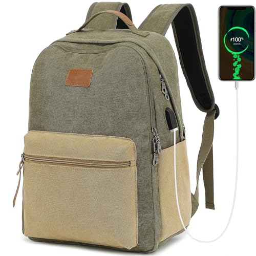 Waterproof Canvas Backpack USB Charging Port– Fits 15.6" Laptop Green Brown | Vintage Casual Daypack for College Students, Men & Women, Travel Work, Durable Bookbag - color: Green-brown