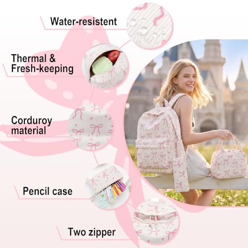 LEDAOU Kids Backpack for Girls Backpacks with Lunch Box, Lightweight Bookbag Set Elementary Middle School Back pack for 8-14 - color: A-bow Tie Beige