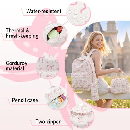 LEDAOU Kids Backpack for Girls Backpacks with Lunch Box, Lightweight Bookbag Set Elementary Middle School Back pack for 8-14 - color: A-bow Tie Beige